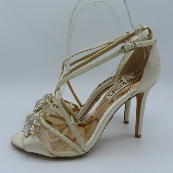 Badgley Mischka Womens 6 Ivory Rhinestone Prom Wedding Strappy Open Toe Heels - Picture 8 of 11